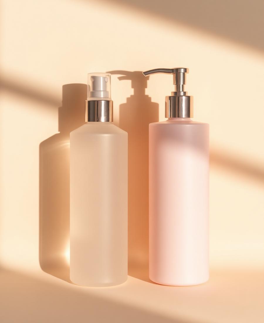 Body splash and body lotion bottles on a beige background