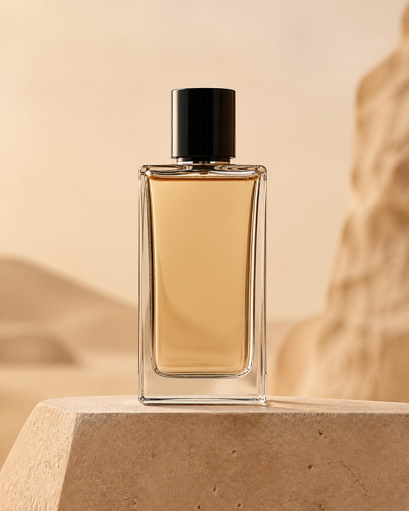 Luxury perfume bottle on a beige stone pedestal