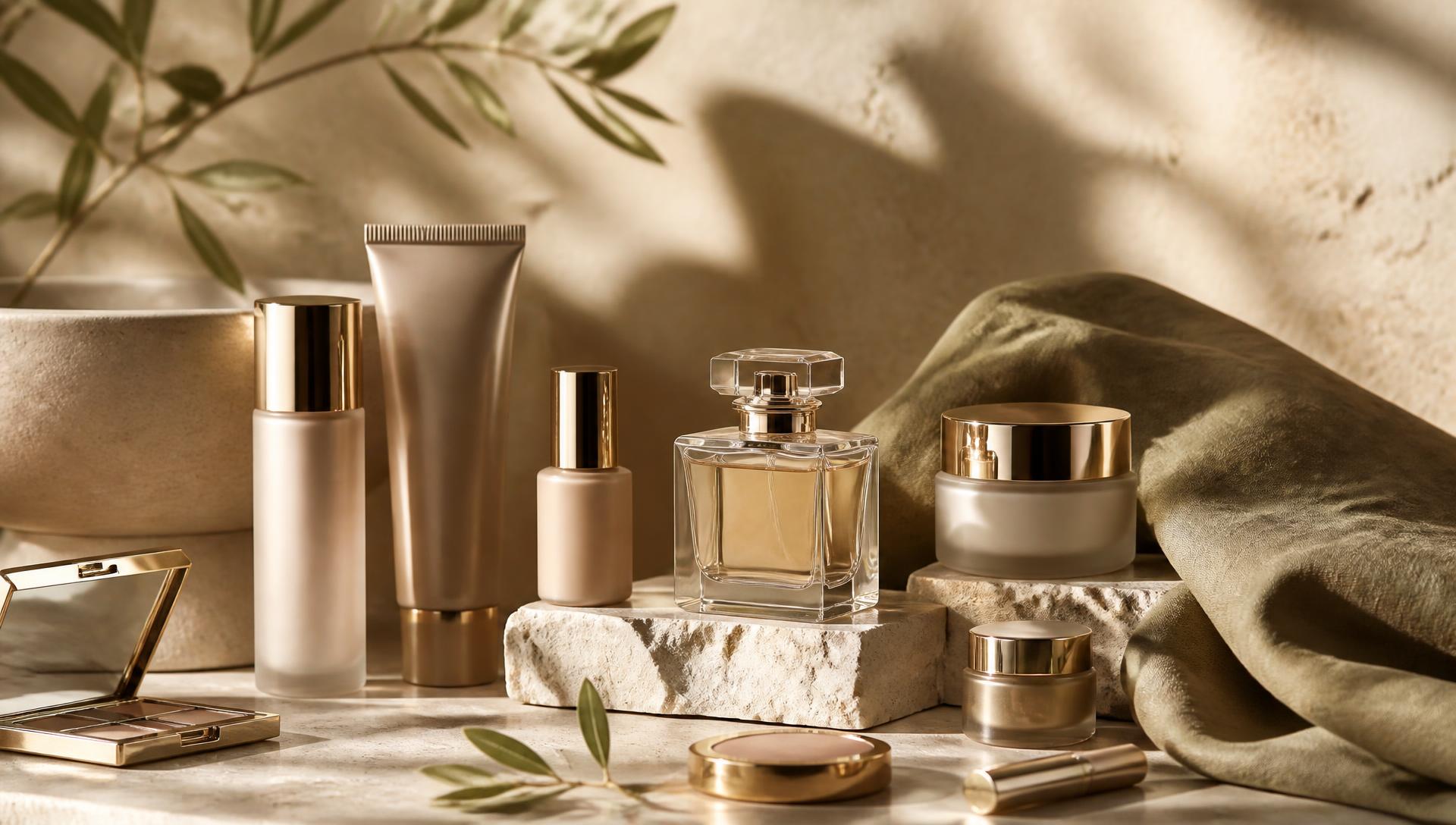 Editorial campaign with perfume, creams and gold accessories on beige travertine