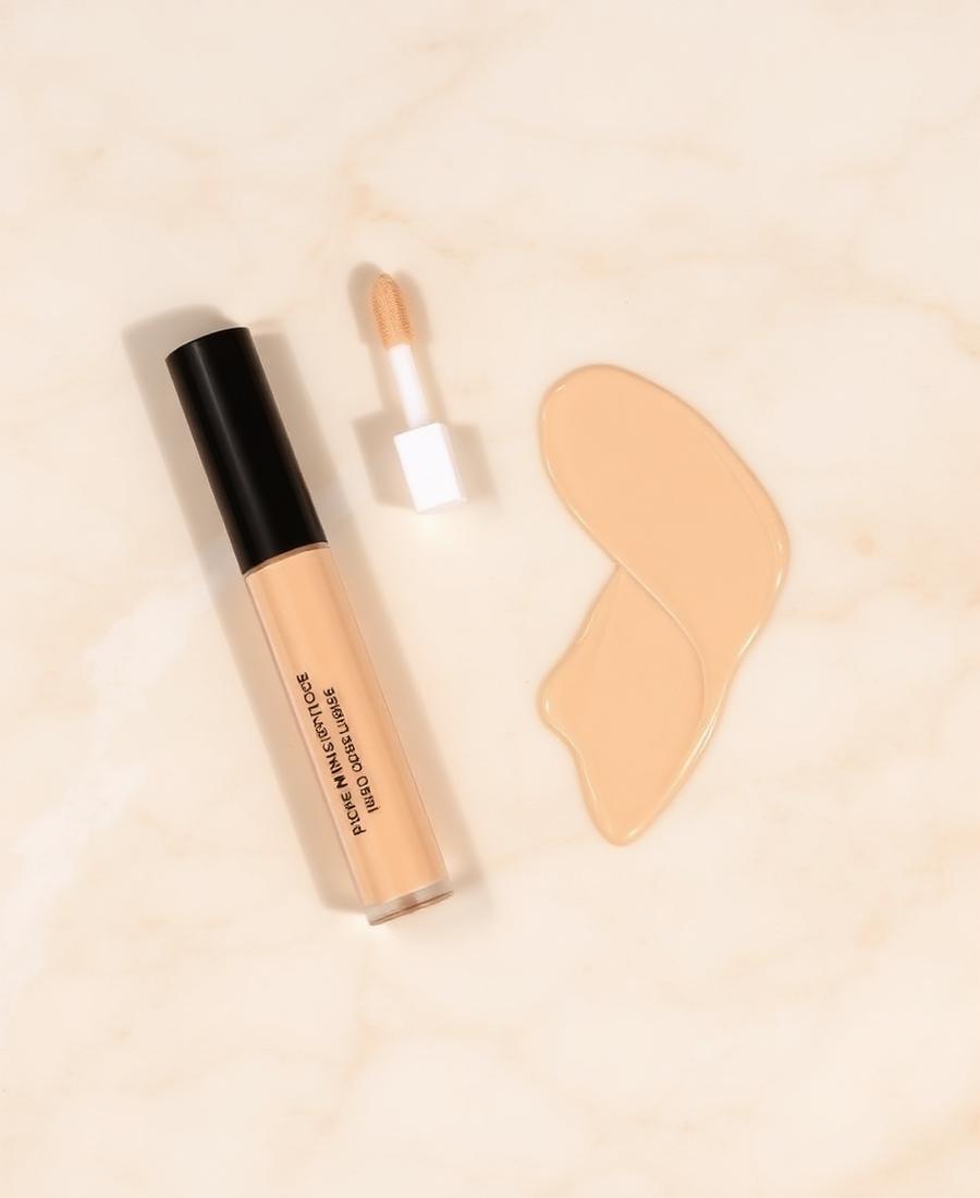 Liquid concealer with applicator and beige swatch on marble