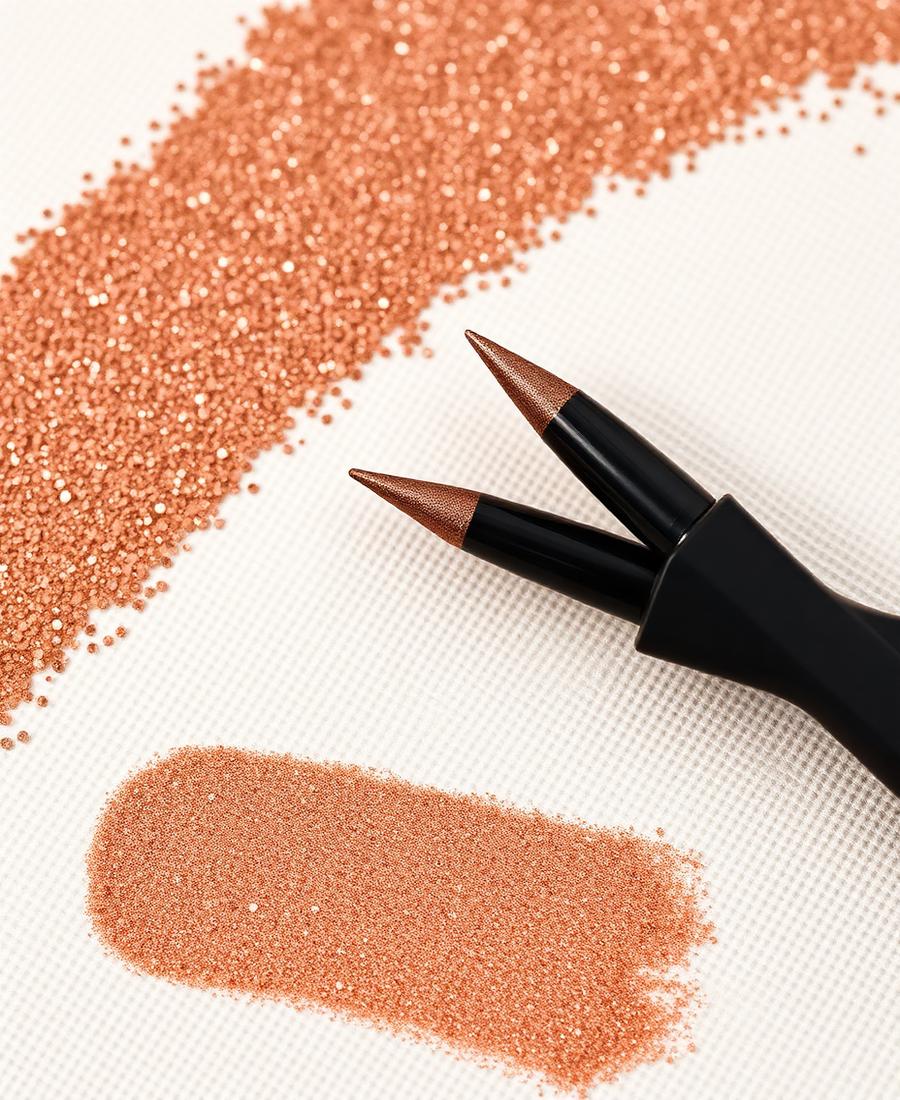 Shimmering bronze eyeliner with a glitter smudge