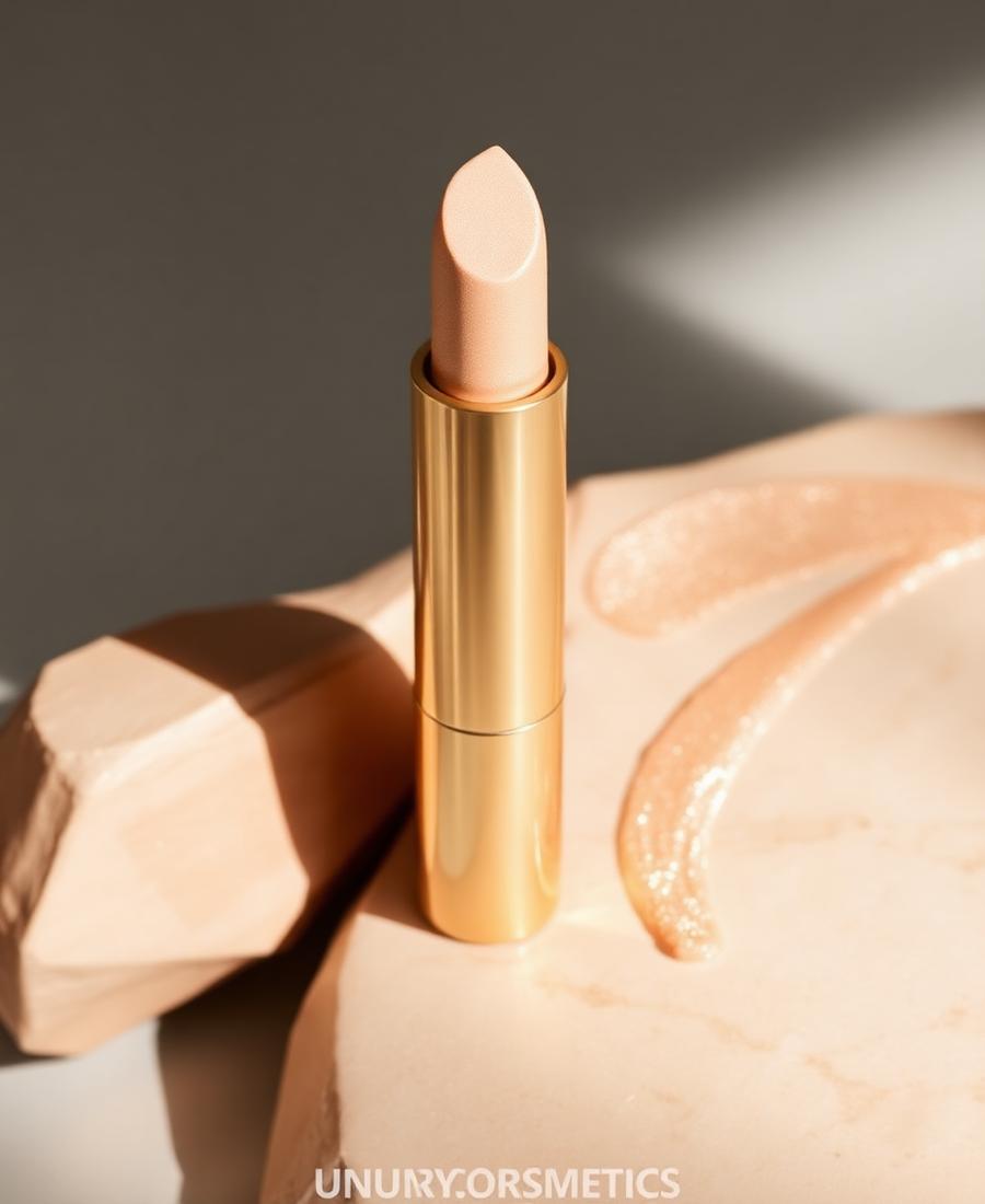 Golden highlighter stick with a champagne swatch