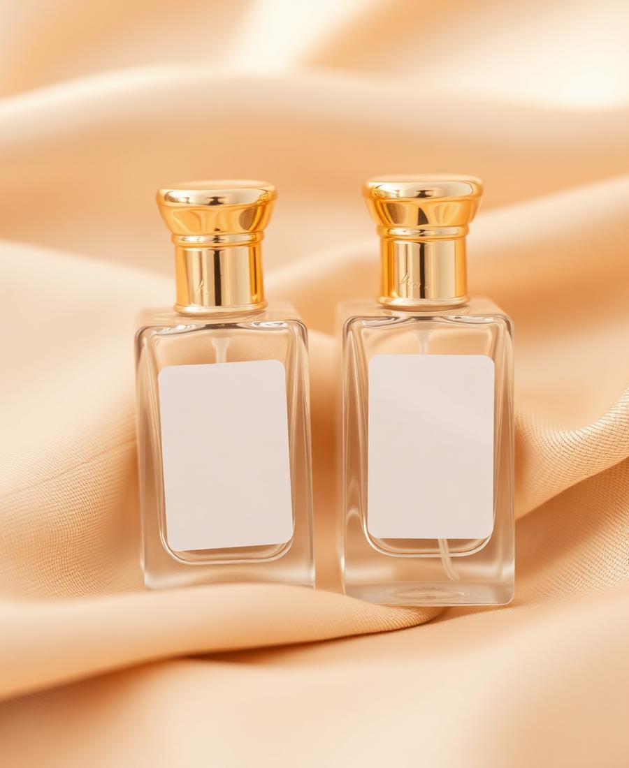 Two miniature perfume bottles with gold caps on beige silk