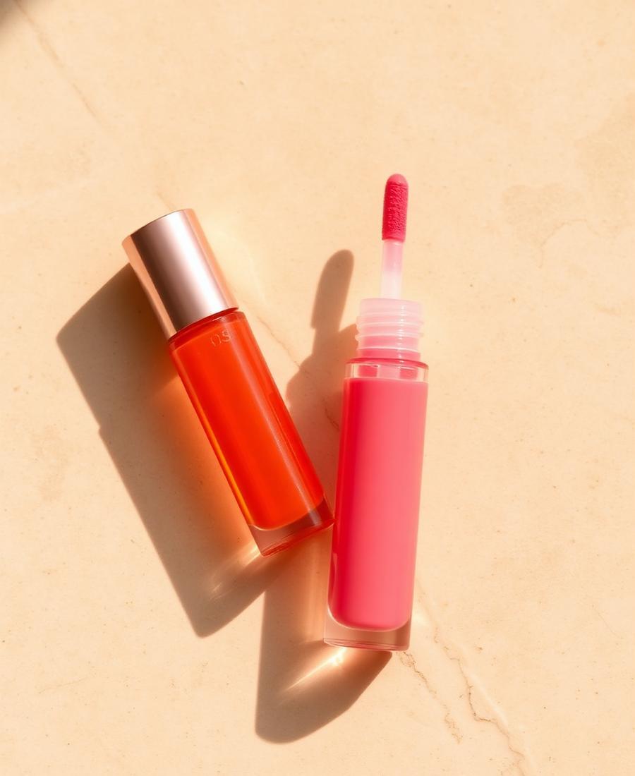 Two lip oil and gloss tubes on a beige surface