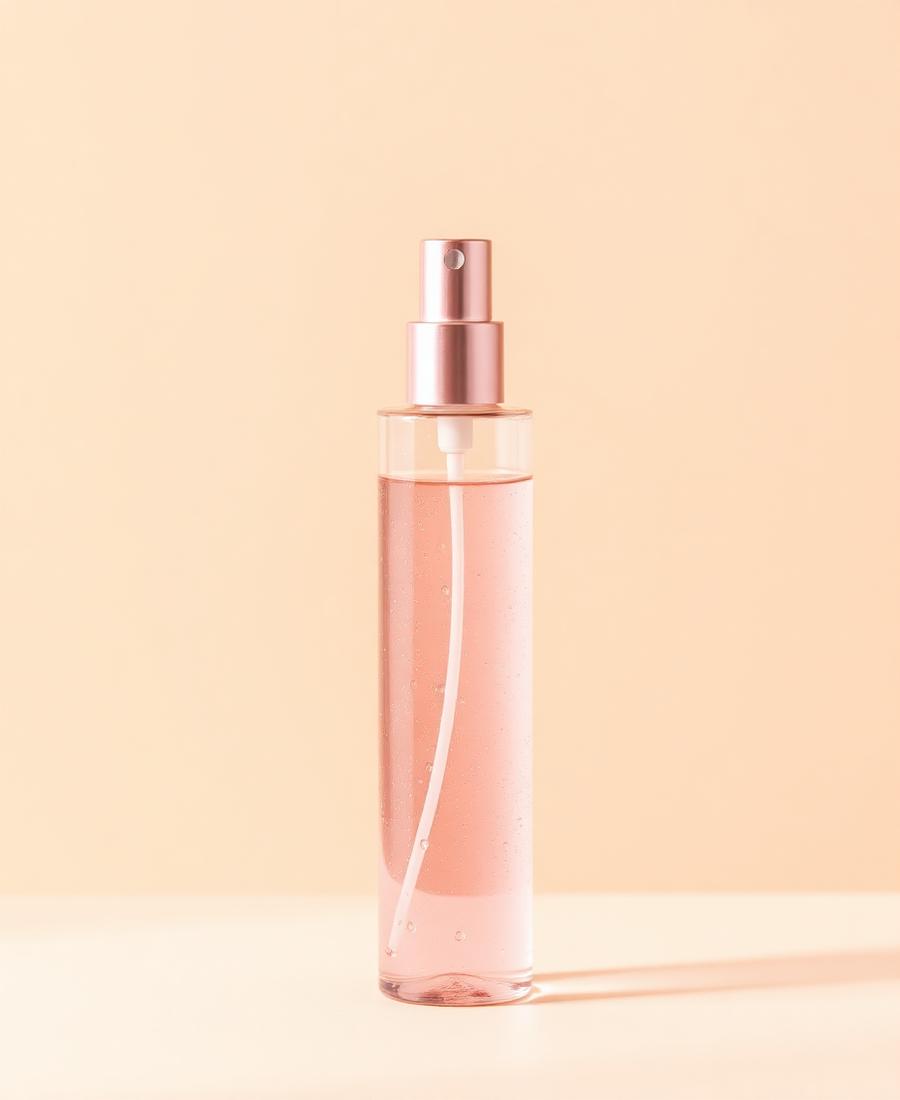 Pink facial mist spray bottle on a beige background