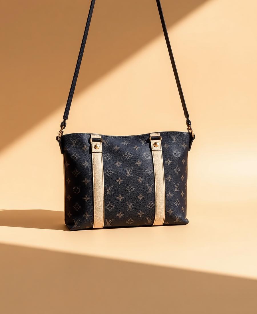 Monogram pattern bag suspended against a beige background