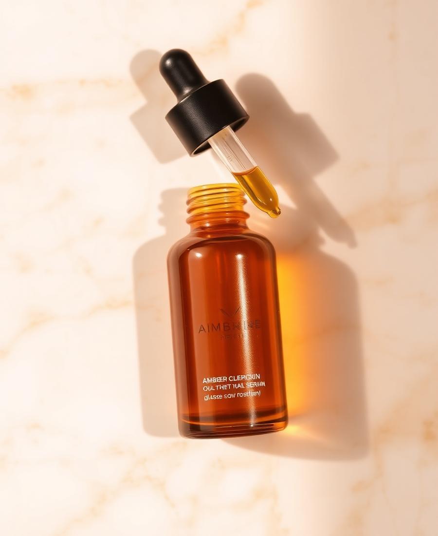 Amber serum bottle with dropper on light marble
