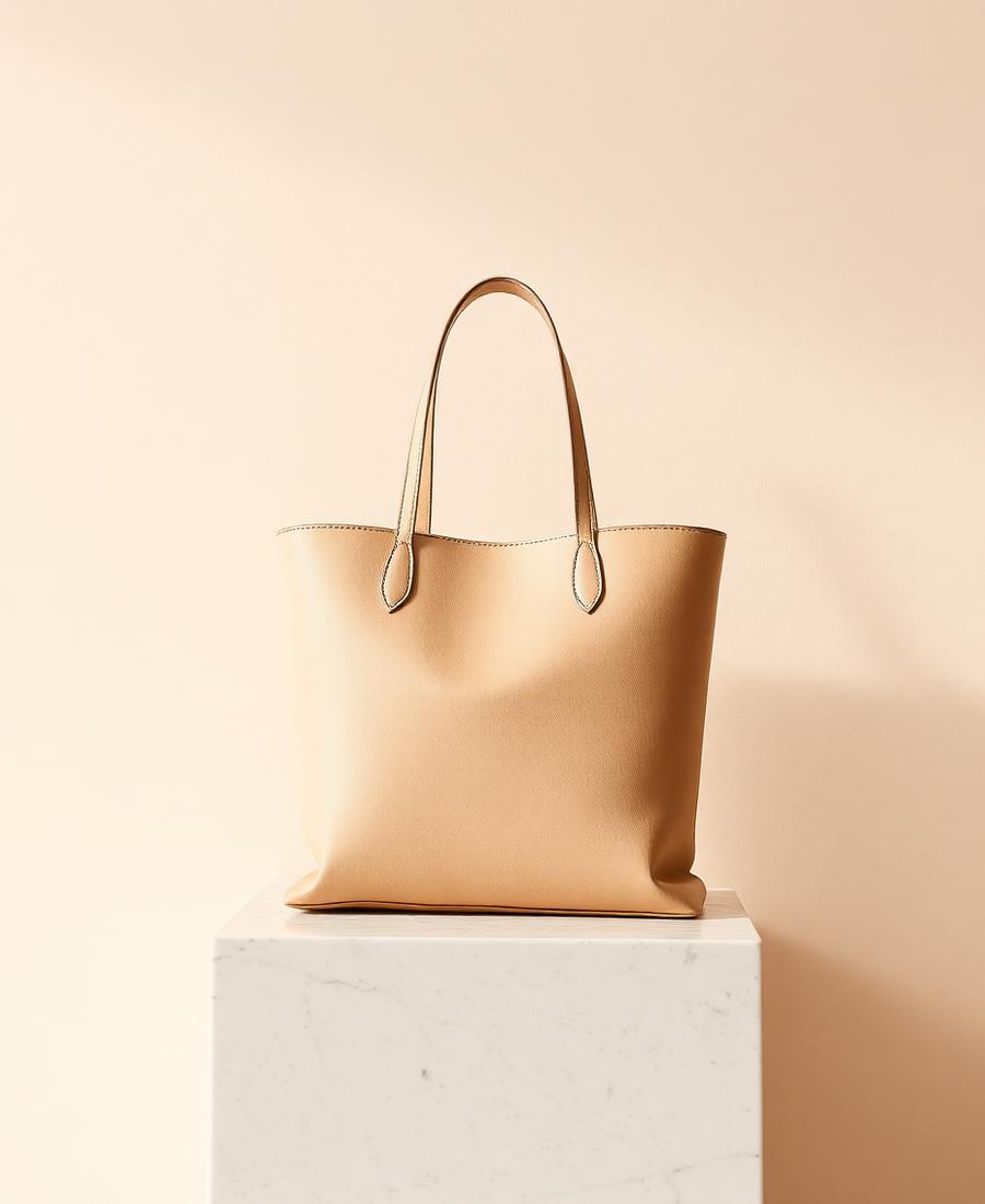Beige tote bag on a marble pedestal